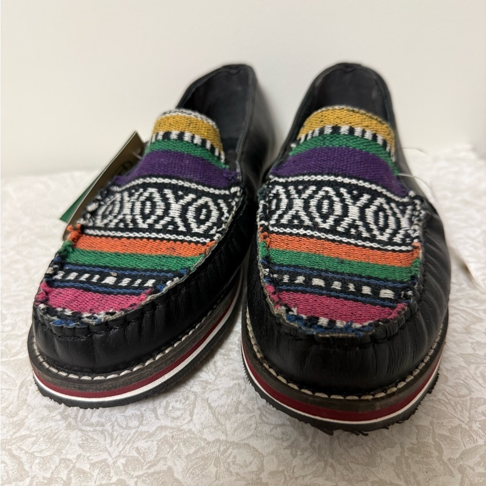 NWT Roper Ladies Jacolin Leather/Serape Shoes Black Country Western Loafers 7.5 - Picture 3 of 14